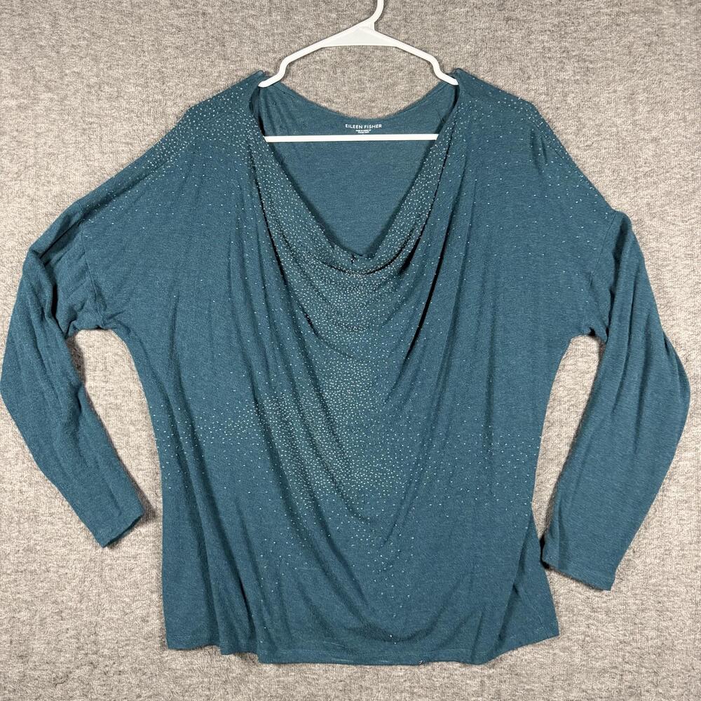 Eileen Fisher Womens L Teal Embellished Cowl Neck Stretch Top Italian Yarn